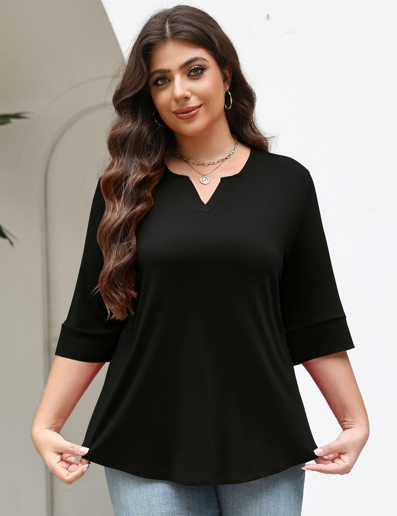 TFSDOD Womens Tops Plus Size Blouses for Women Half Length Sleeve Tshirts V Neck Oversized Tee Shirts Spring Fashion 2026 Black 2XL - Image 4