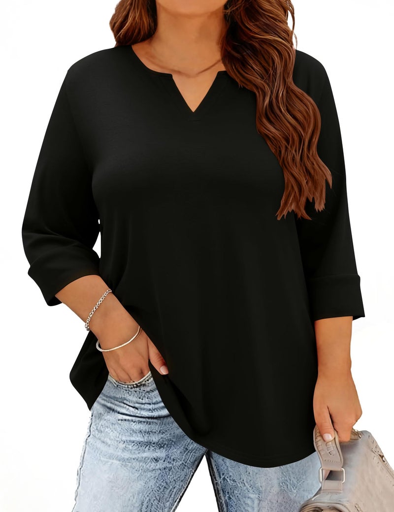 TFSDOD Womens Tops Plus Size Blouses for Women Half Length Sleeve Tshirts V Neck Oversized Tee Shirts Spring Fashion 2026 Black 2XL - Image 1