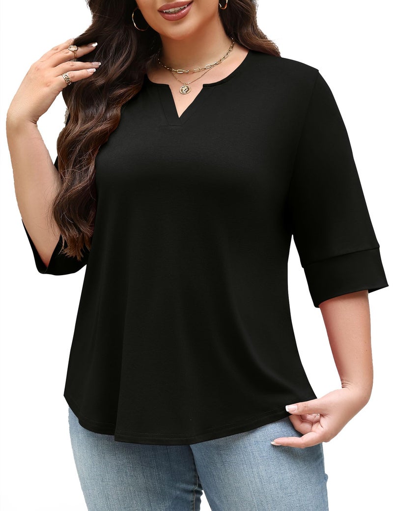 TFSDOD Womens Tops Plus Size Blouses for Women Half Length Sleeve Tshirts V Neck Oversized Tee Shirts Spring Fashion 2026 Black 2XL - Image 2
