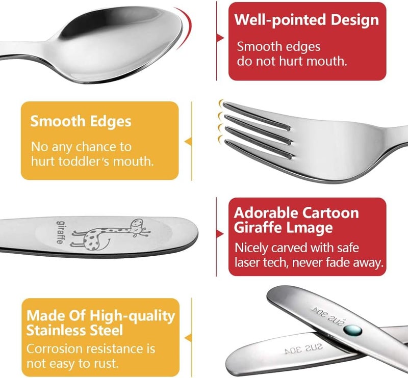 FUNNUO 4-Piece Kids Utensils Set - Stainless Steel Training Forks & Spoons with Rounded Edges | Self-Feeding Kid Tableware Set for 2+ Years and Preschoolers | Dishwasher Safe - Image 4