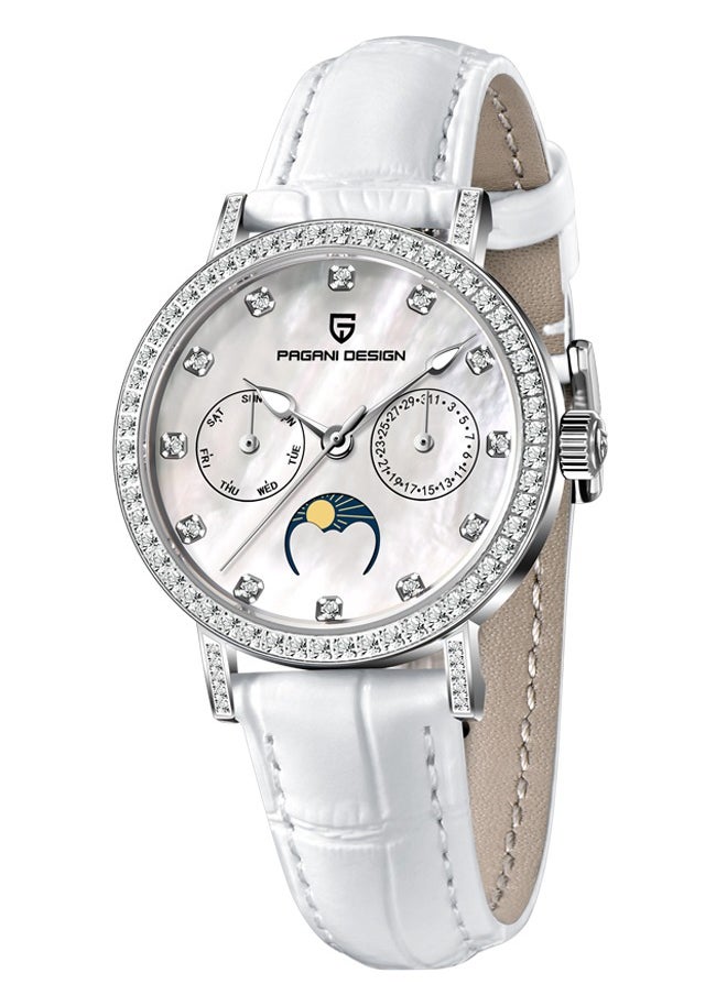 PAGANI DESIGN Women's Elegant Quartz Watch Diamonds Series Leather Strap  VX3HA Movement Waterproof Light Luxury Wristwatch Date,Silver White  - Image 1