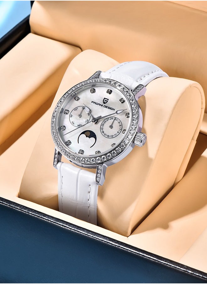 PAGANI DESIGN Women's Elegant Quartz Watch Diamonds Series Leather Strap  VX3HA Movement Waterproof Light Luxury Wristwatch Date,Silver White  - Image 2