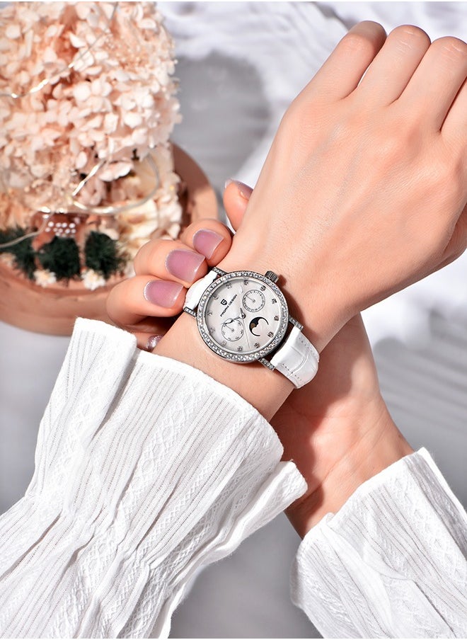 PAGANI DESIGN Women's Elegant Quartz Watch Diamonds Series Leather Strap  VX3HA Movement Waterproof Light Luxury Wristwatch Date,Silver White  - Image 3