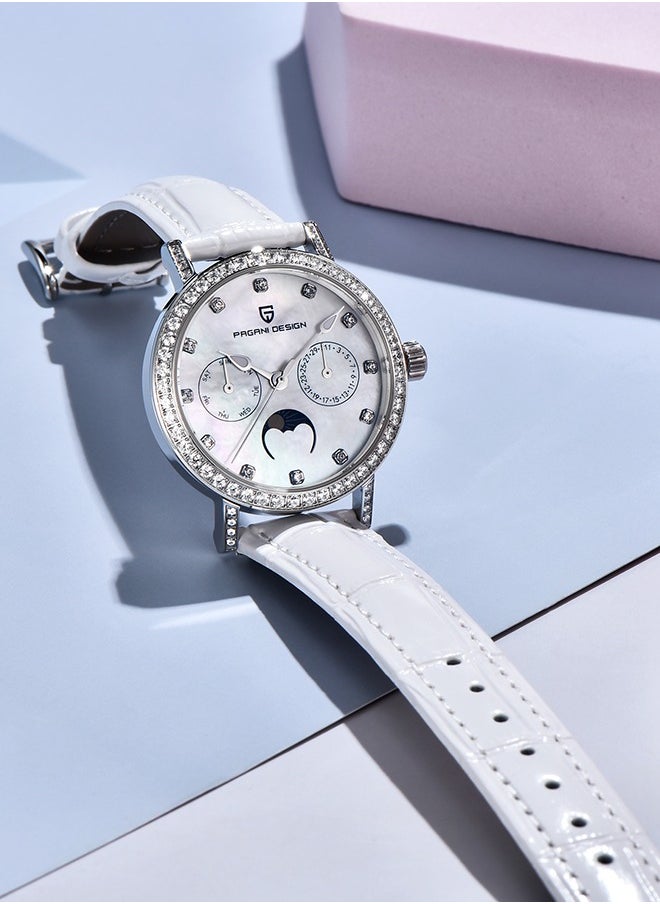 PAGANI DESIGN Women's Elegant Quartz Watch Diamonds Series Leather Strap  VX3HA Movement Waterproof Light Luxury Wristwatch Date,Silver White  - Image 5