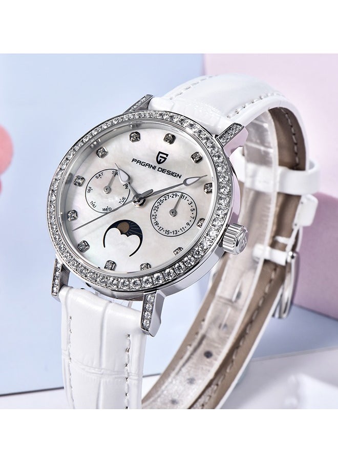 PAGANI DESIGN Women's Elegant Quartz Watch Diamonds Series Leather Strap  VX3HA Movement Waterproof Light Luxury Wristwatch Date,Silver White  - Image 4