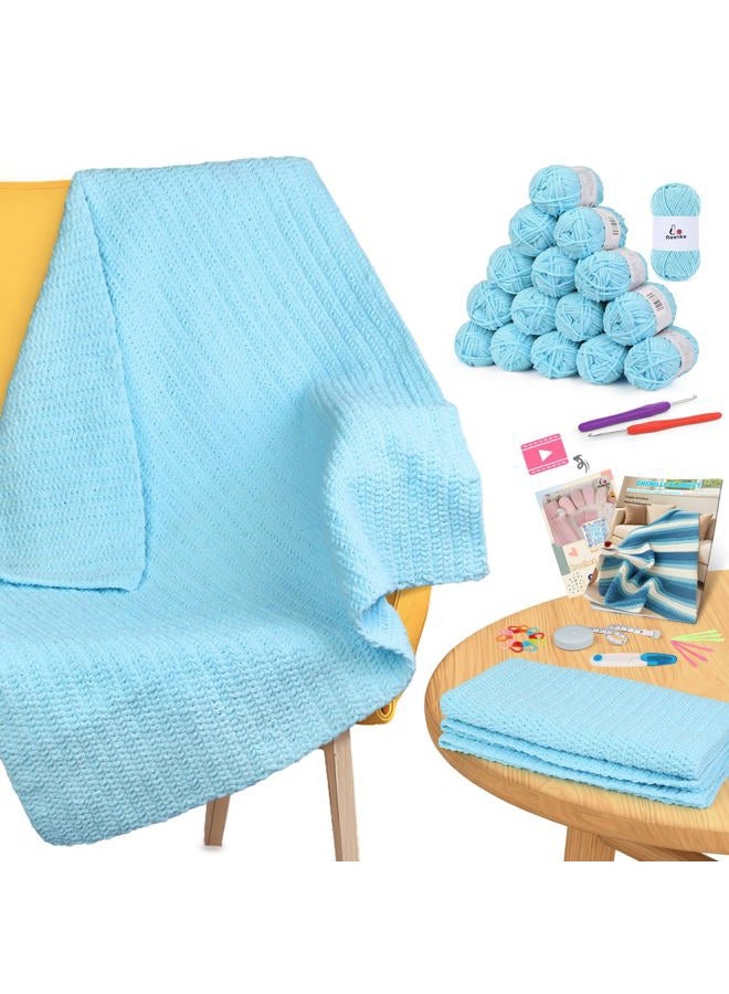 Aeelike Blanket Crochet Kit for Beginners, Easy Crochet Blanket Kit with Soft Chenille Yarns Detailed Instruction Crocheting Accessories Complete Beginners Crocheting Kits, Sea Blue - Image 1