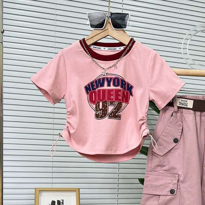 Girls Summer Outfit 2024 Chic Casual Set Pink T-Shirt