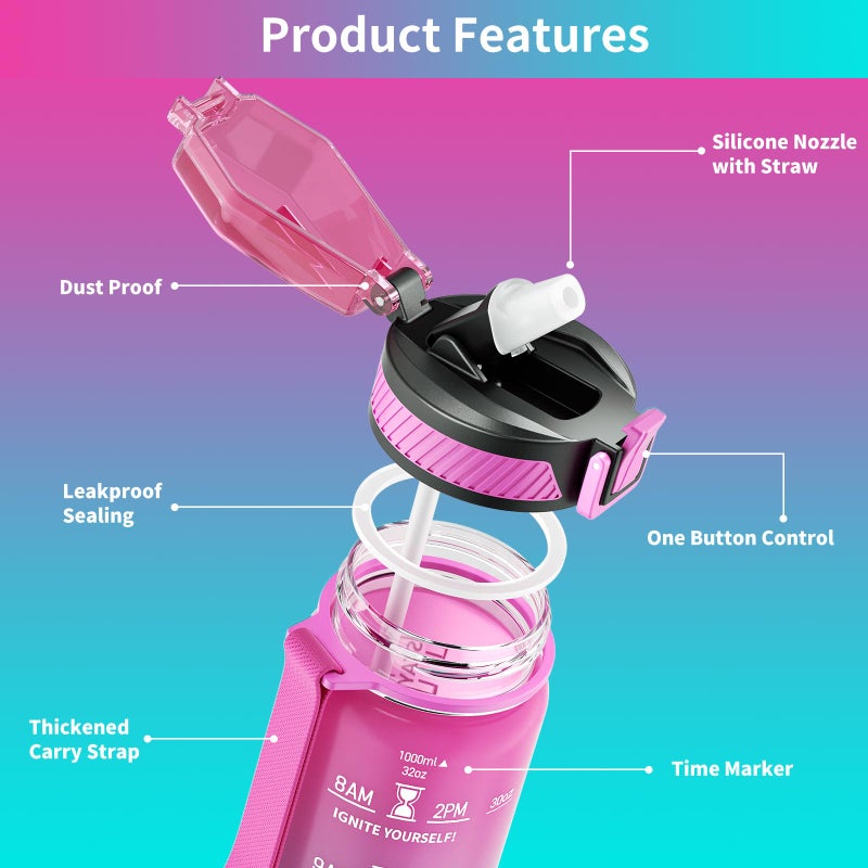 QLUR Water Bottle with Straw, 32oz Motivational Water Bottles with Time Marker to Drink, Tritan BPA Free, 1L Sports Water Bottle with Carry Strap LeakProof for Women Gym Fitness Outdoor (1 Pack) - Image 5