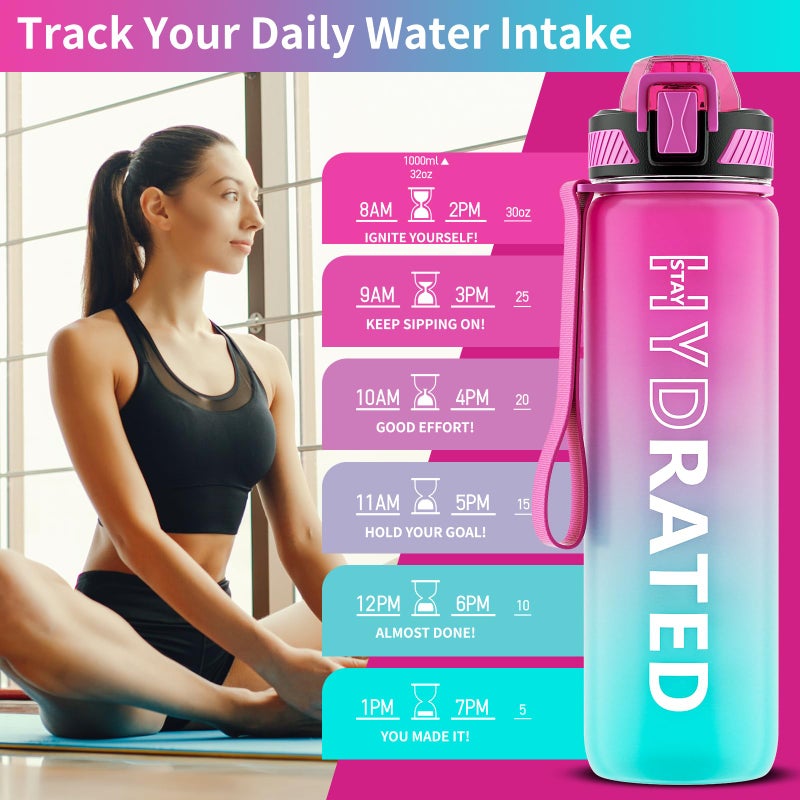 QLUR Water Bottle with Straw, 32oz Motivational Water Bottles with Time Marker to Drink, Tritan BPA Free, 1L Sports Water Bottle with Carry Strap LeakProof for Women Gym Fitness Outdoor (1 Pack) - Image 2