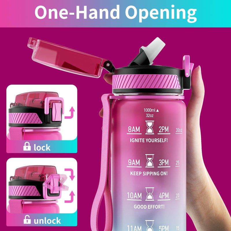 QLUR Water Bottle with Straw, 32oz Motivational Water Bottles with Time Marker to Drink, Tritan BPA Free, 1L Sports Water Bottle with Carry Strap LeakProof for Women Gym Fitness Outdoor (1 Pack) - Image 3