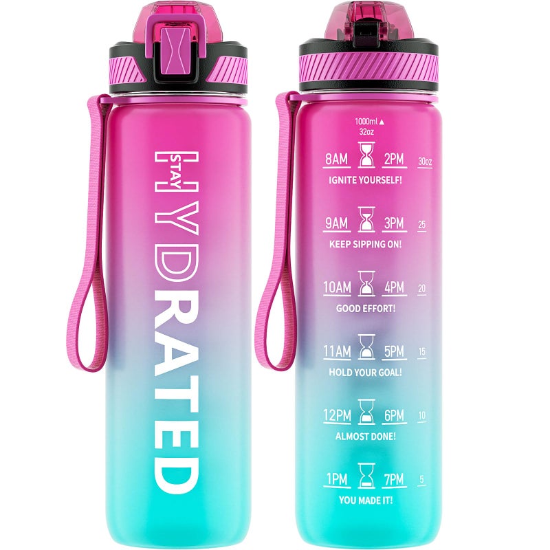 QLUR Water Bottle with Straw, 32oz Motivational Water Bottles with Time Marker to Drink, Tritan BPA Free, 1L Sports Water Bottle with Carry Strap LeakProof for Women Gym Fitness Outdoor (1 Pack) - Image 1