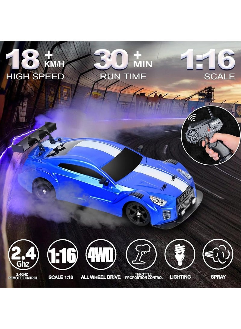 مشاريع تعز 1:16 مقياس للتحكم عن بعد سيارة RC Drift Car 4WD 18KM / H سيارة طراز عالية السرعة 2.4 جيجا هرتز مع أضواء LED رذاذ الإطارات المطاطية سباق لعبة رياضية سيارة للبالغين والأولاد والبنات هدية أطفال 2 قطعة بطاريات قابلة لإعادة الشحن - أزرق - Image 2