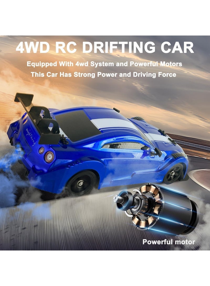 مشاريع تعز 1:16 مقياس للتحكم عن بعد سيارة RC Drift Car 4WD 18KM / H سيارة طراز عالية السرعة 2.4 جيجا هرتز مع أضواء LED رذاذ الإطارات المطاطية سباق لعبة رياضية سيارة للبالغين والأولاد والبنات هدية أطفال 2 قطعة بطاريات قابلة لإعادة الشحن - أزرق - Image 3
