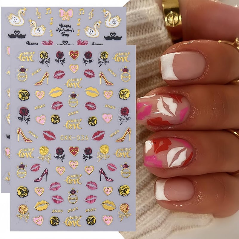 Valentine's Day Nail Art Stickers 3D Self-Adhesive Gold Love Heart Cupid Lips Black Swan High Heels Nail Design Stickers for Women Girls DIY Valentine's Day Manicure Decoration Accessories 6 Sheets