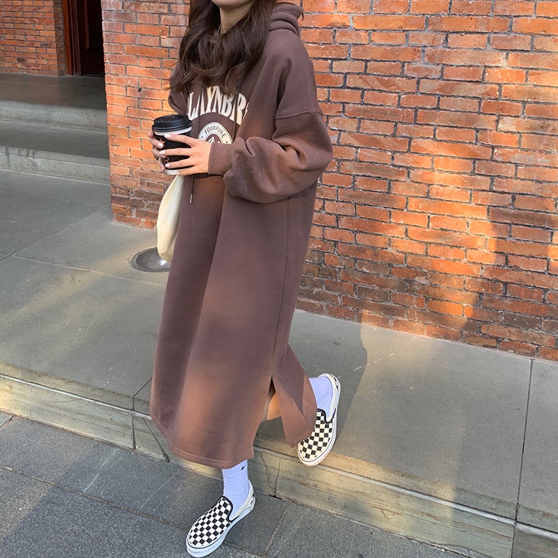 Mid-length over-the-knee hooded sweater skirt womens 2022 autumn and winter New velvet padded slim fashion casual skirt Coffee - Image 1