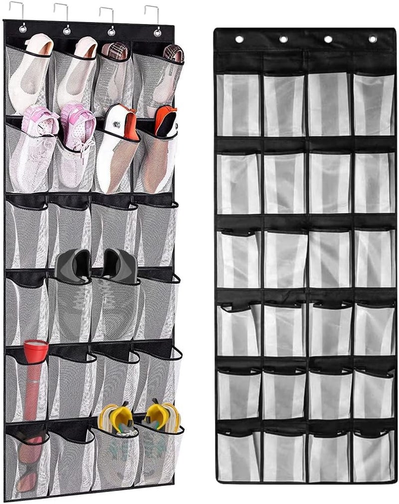 Luckam Over Door Shoe Storage with 24 Large Mesh Pockets for Shoes and Accessories, Includes 4 Heavy Duty Metal Hooks, Reversible Design for Easy Hanging, White and Black - Image 1