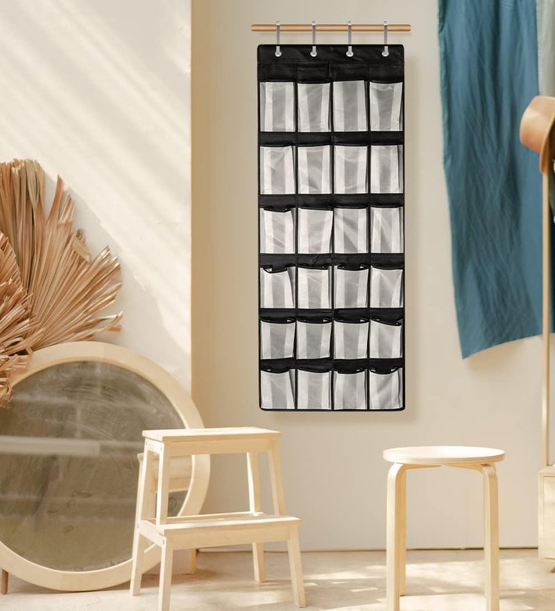 Luckam Over Door Shoe Storage with 24 Large Mesh Pockets for Shoes and Accessories, Includes 4 Heavy Duty Metal Hooks, Reversible Design for Easy Hanging, White and Black - Image 2
