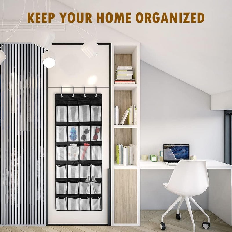 Luckam Over Door Shoe Storage with 24 Large Mesh Pockets for Shoes and Accessories, Includes 4 Heavy Duty Metal Hooks, Reversible Design for Easy Hanging, White and Black - Image 4