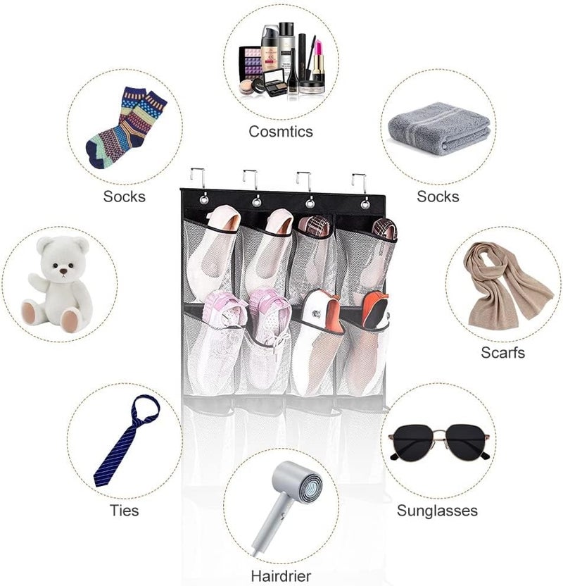Luckam Over Door Shoe Storage with 24 Large Mesh Pockets for Shoes and Accessories, Includes 4 Heavy Duty Metal Hooks, Reversible Design for Easy Hanging, White and Black - Image 3