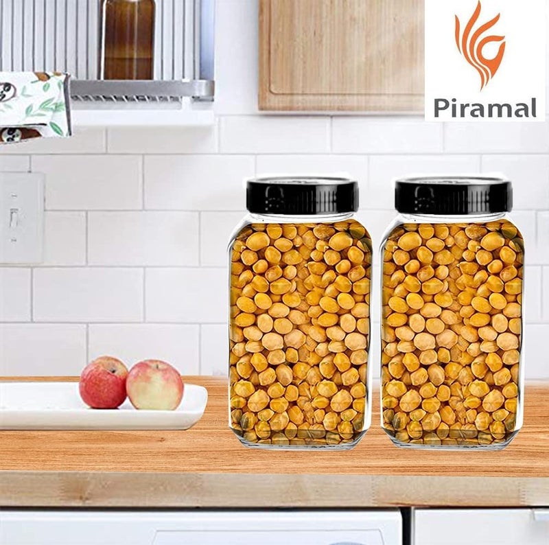 Vency Piramal Glass Cubical square glass jars 2250ml Set 2 for kitchen with Lid & Containers for Kitchen Pantry, Snacks, Masala, Pickles, Cookies, Dry Fruits, Coffee Beans Storage with Black Lid, - Image 2