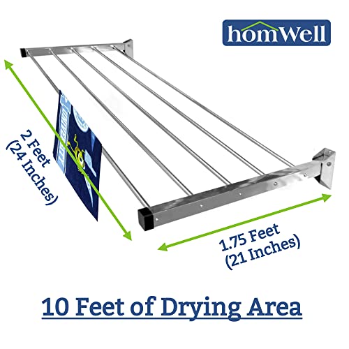 homWell Heavy Duty 5 Pipe X 2 Feet Stainless Steel Wall Mounted Cloth Drying Stand/Cloth Stand for Drying Clothes Foldable/Cloth Drying Stand Wall Mounted/Clothes Stand for Drying - Image 2