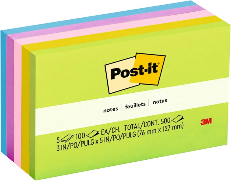 Post-it ملاحظات بوست-إت بألوان فائقة، ألوان مختلطة - 3x5 إنش (76 مم x 127 مم)، 100 ورقة/دفتر، 5 دفاتر/عبوة - Image 1