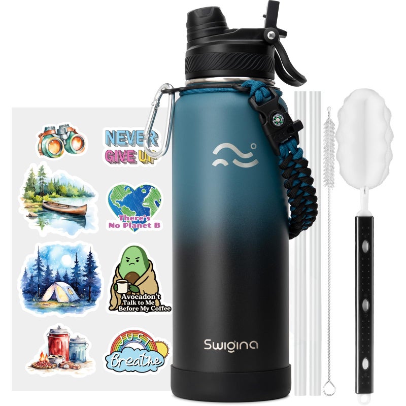 Swigina [2-IN-1 LID] Insulated Water Bottle with Silicone Boot (48hrs Cold/24hrs Hot) - DIY Stickers, Leakproof, BPA Free, 40 oz - Image 1