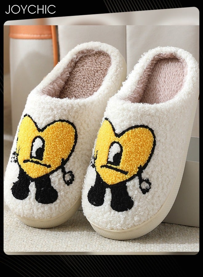 Joychic Lovely Cartoon Embroidery Warm Indoor Bedroom Slides Autumn and Winter Women Men Couple Flat Household Slippers with Love Pattern White+Yellow - Image 2