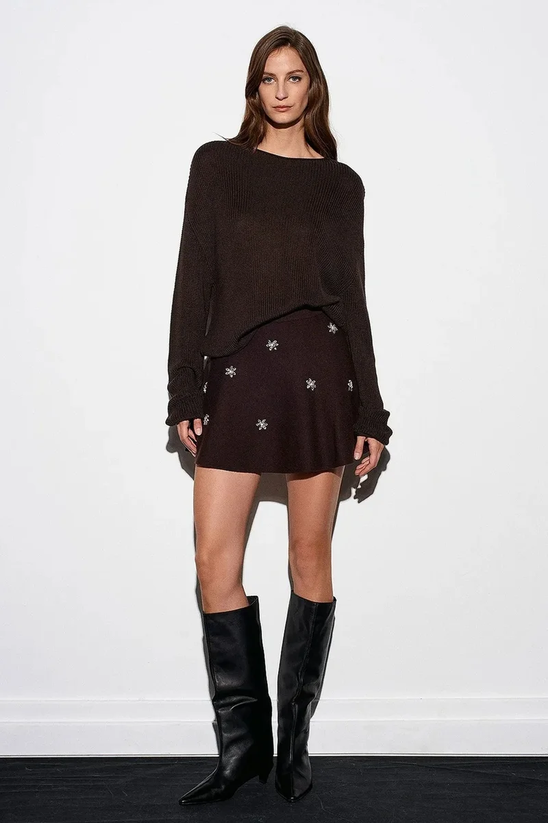 Dilvin Coffee Brown DILVIN Women's Ribbed Boat Neck Knit Sweater for Women | Best Price UAE