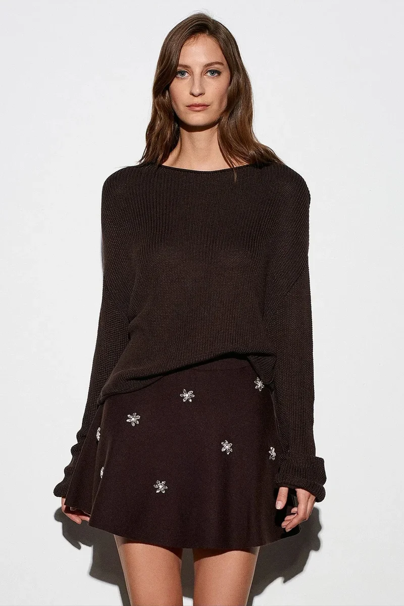 Dilvin Coffee Brown DILVIN Women's Ribbed Boat Neck Knit Sweater for Women | Best Price UAE