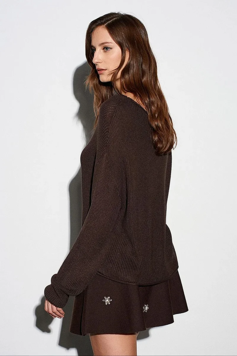 Dilvin Coffee Brown DILVIN Women's Ribbed Boat Neck Knit Sweater for Women | Best Price UAE