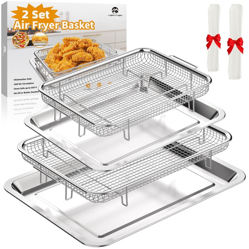 Air Fryer Basket for Oven YEPATER 2 Set Air Fryer Tray and Pan with 60PCS Parchment Papers Stainless Steel Nonstick Oven Air Fryer Basket for Baking and Crispy Foods