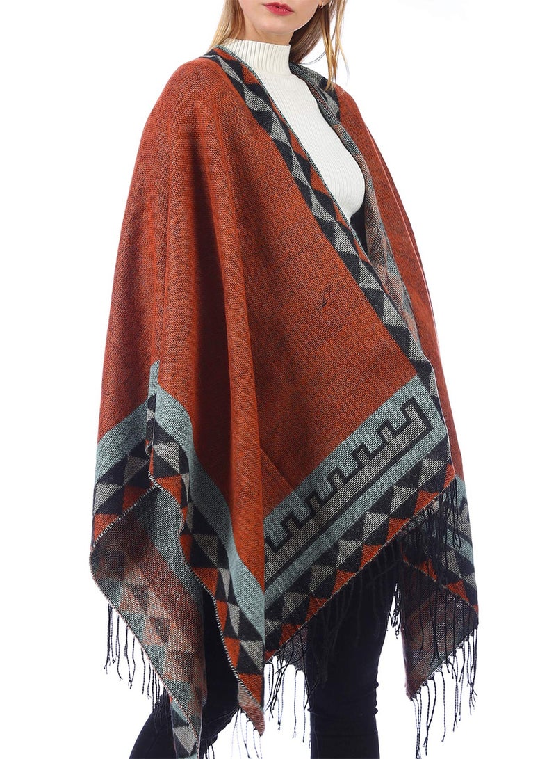 Womens Winter Color Block Shawl Poncho Warm Open Front Cape Stylish Printed Cardigan  - Image 3