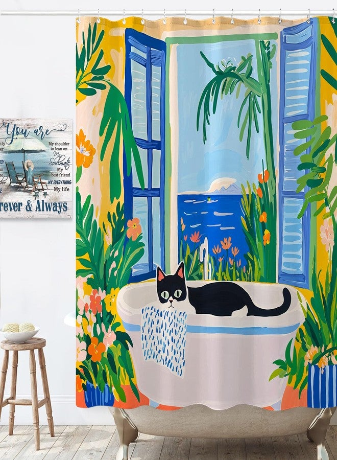 Kanuyee Scenic Cat Shower Curtain Set Relaxing Window View Waterproof Bathroom Shower Curtain Tropical Nature Print Peaceful Home Decor 72x72 Inch - Image 3