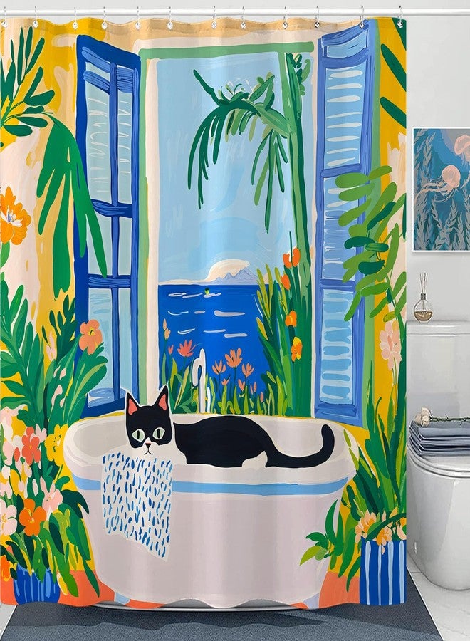 Kanuyee Scenic Cat Shower Curtain Set Relaxing Window View Waterproof Bathroom Shower Curtain Tropical Nature Print Peaceful Home Decor 72x72 Inch - Image 1
