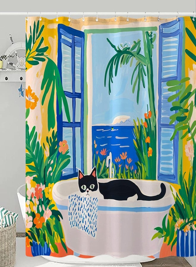 Kanuyee Scenic Cat Shower Curtain Set Relaxing Window View Waterproof Bathroom Shower Curtain Tropical Nature Print Peaceful Home Decor 72x72 Inch - Image 4