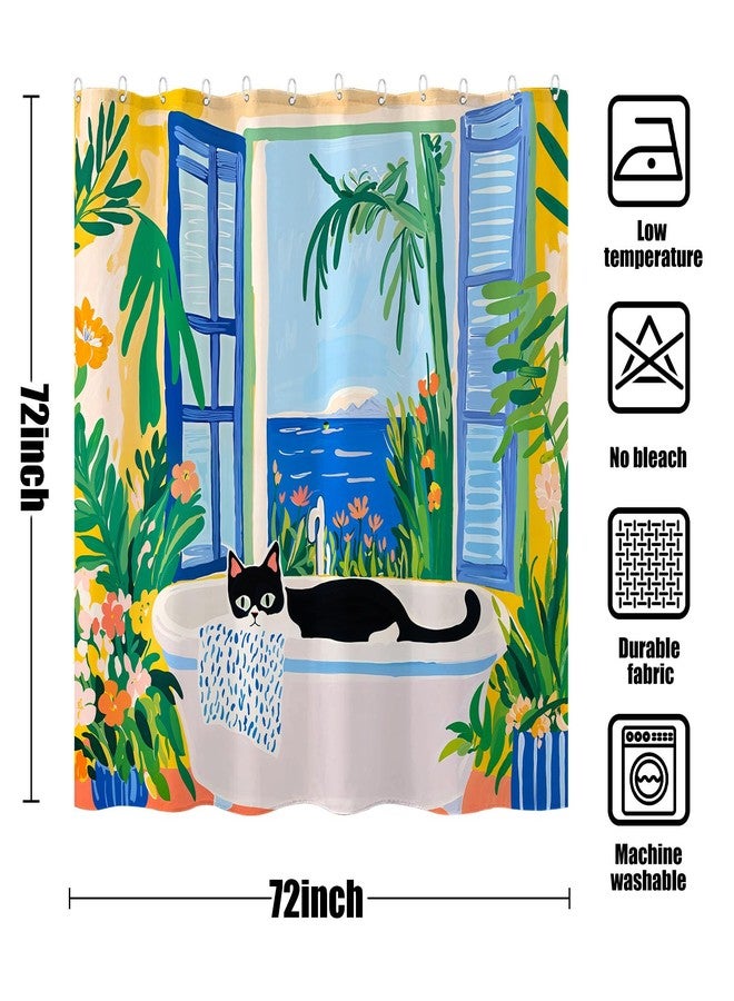 Kanuyee Scenic Cat Shower Curtain Set Relaxing Window View Waterproof Bathroom Shower Curtain Tropical Nature Print Peaceful Home Decor 72x72 Inch - Image 5