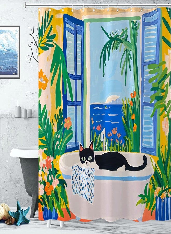 Kanuyee Scenic Cat Shower Curtain Set Relaxing Window View Waterproof Bathroom Shower Curtain Tropical Nature Print Peaceful Home Decor 72x72 Inch - Image 2
