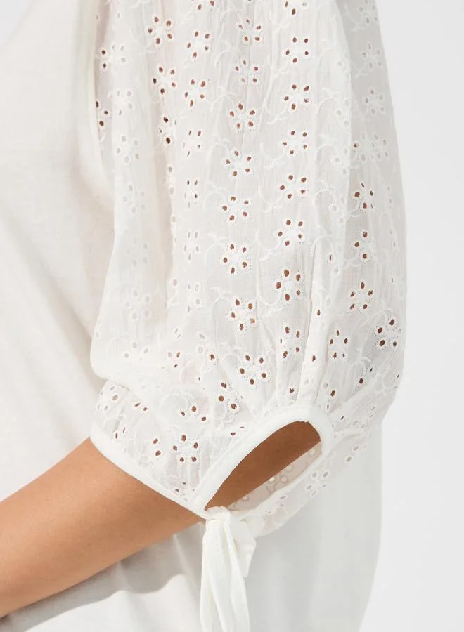 Styli Broderie Volume Sleeves Top with Tie Cuff Detail