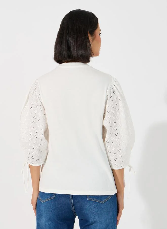 Styli Broderie Volume Sleeves Top with Tie Cuff Detail