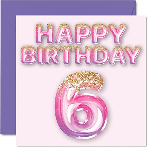 Stuff4 6th Birthday Card for Girls - Pink & Purple Glitter Balloons - Happy Birthday Cards for 6 Year Old Girl Daughter Sister Granddaughter Cousin, 5.7 x 5.7 Inch Six Sixth Bday Greeting Cards Gift - Image 1