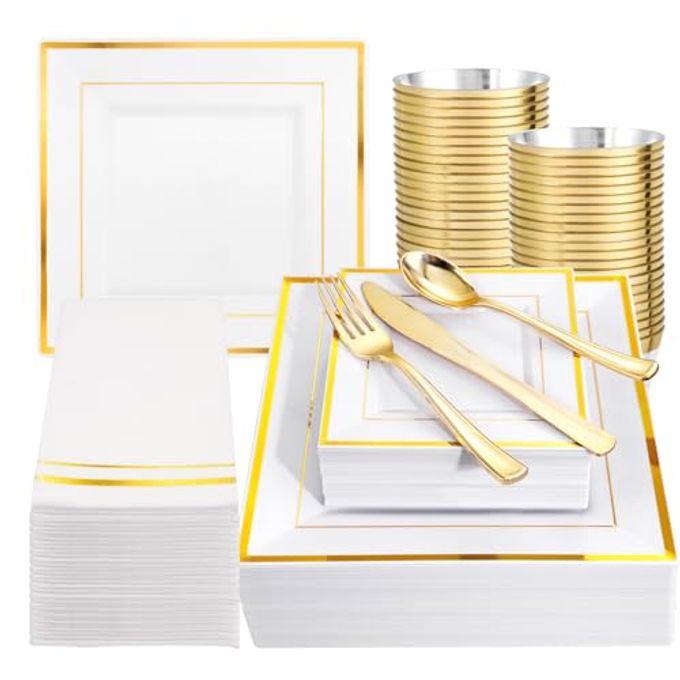 Festiva 350Pcs Gold Plastic Plates - Disposable Square Gold Plates Dinnerware set include 9.5"/6" Plates,Cups,Plastic Cutlery,Hand Napkins Perfect for 50 guests Party&Wedding&Thanksgiving&Christmas