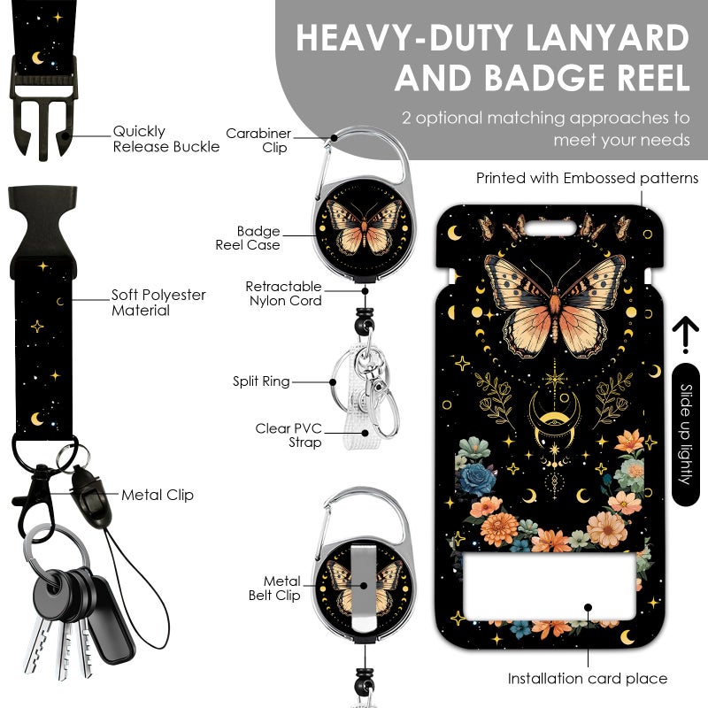 Vorruil Butterfly Flowers Lanyards Id Badge Women Gifts  Moon Id Badge Holder With Retractable Reel Clip And Keychain  Vertical Identity Badge Cover Case Protector For Teacher Nurse - Image 3