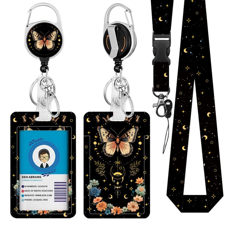 Vorruil Butterfly Flowers Lanyards Id Badge Women Gifts  Moon Id Badge Holder With Retractable Reel Clip And Keychain  Vertical Identity Badge Cover Case Protector For Teacher Nurse - Image 1