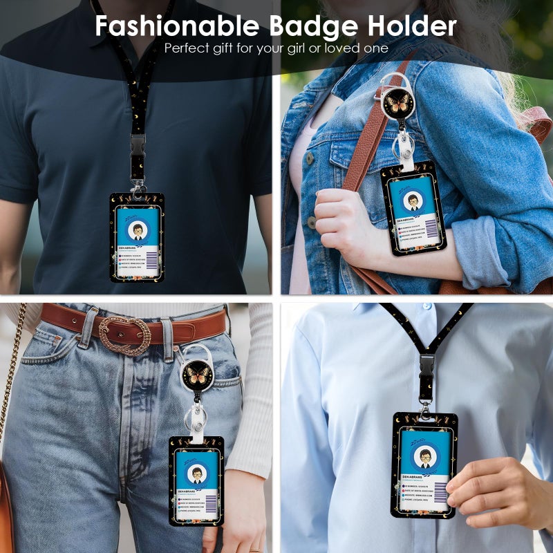 Vorruil Butterfly Flowers Lanyards Id Badge Women Gifts  Moon Id Badge Holder With Retractable Reel Clip And Keychain  Vertical Identity Badge Cover Case Protector For Teacher Nurse - Image 5