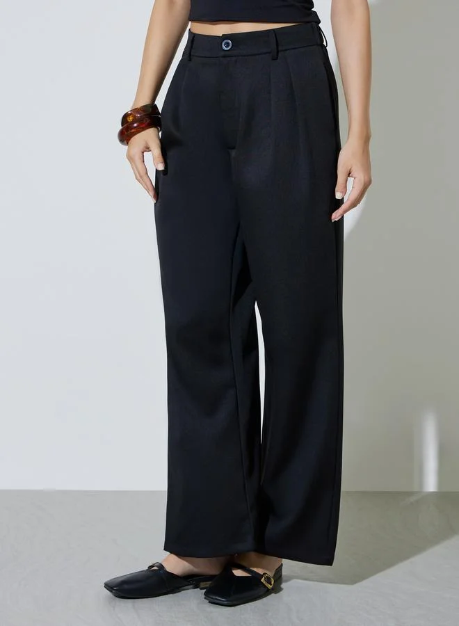 تايك تو Black Wide Leg Fold Pleat Pants