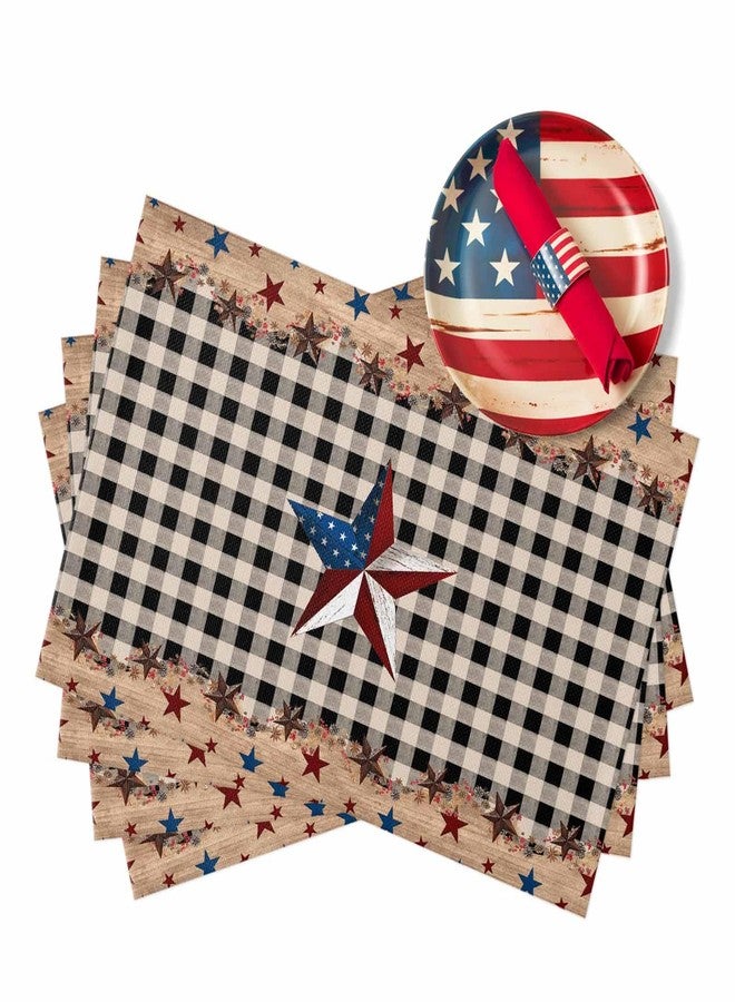 LooPoP 4th of July Placemats Set of 6, Patriotic Star American Flag Placemat for Dining Table Decorations, Cotton Linen Independence Day Place Mats, Rustic Plaid Table Mats for Kitchen Memorial Day Party - Image 1