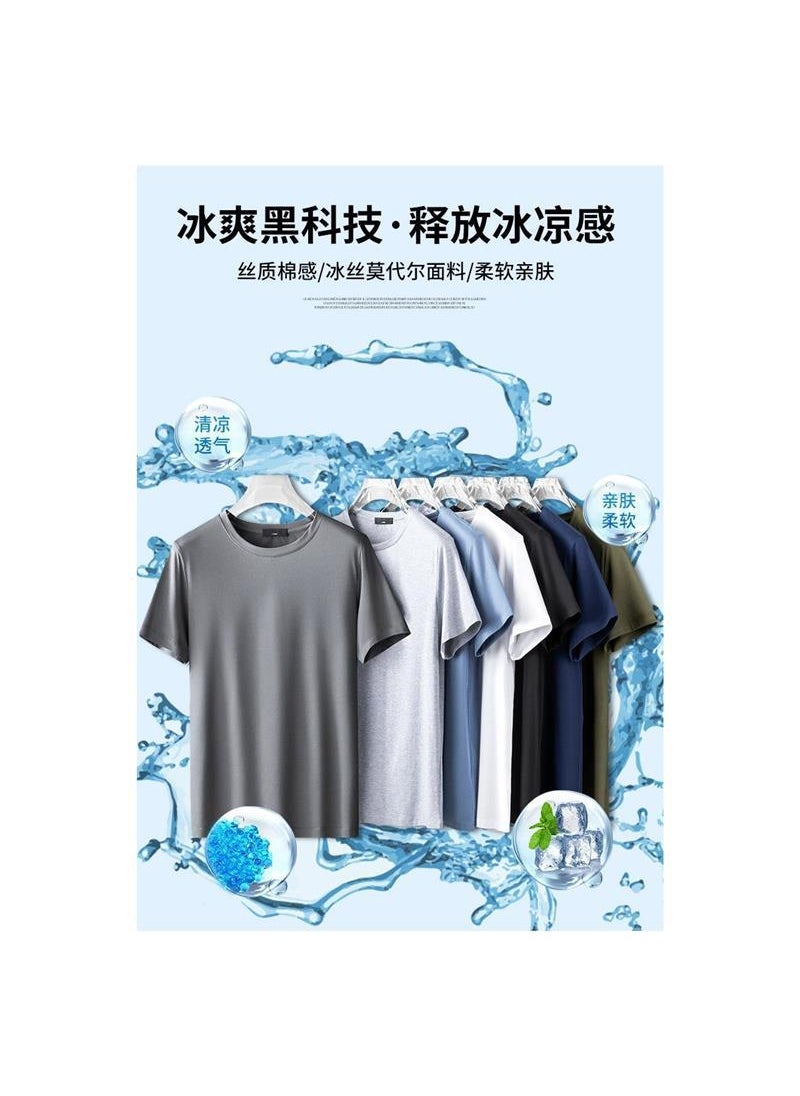 Generic - Mens Ice Silk T-Shirt Short Sleeve Thin Quick Dry Elastic Modal Cotton Ice Sensation Top Half Sleeve Trendy Basic round Neck White - Image 1