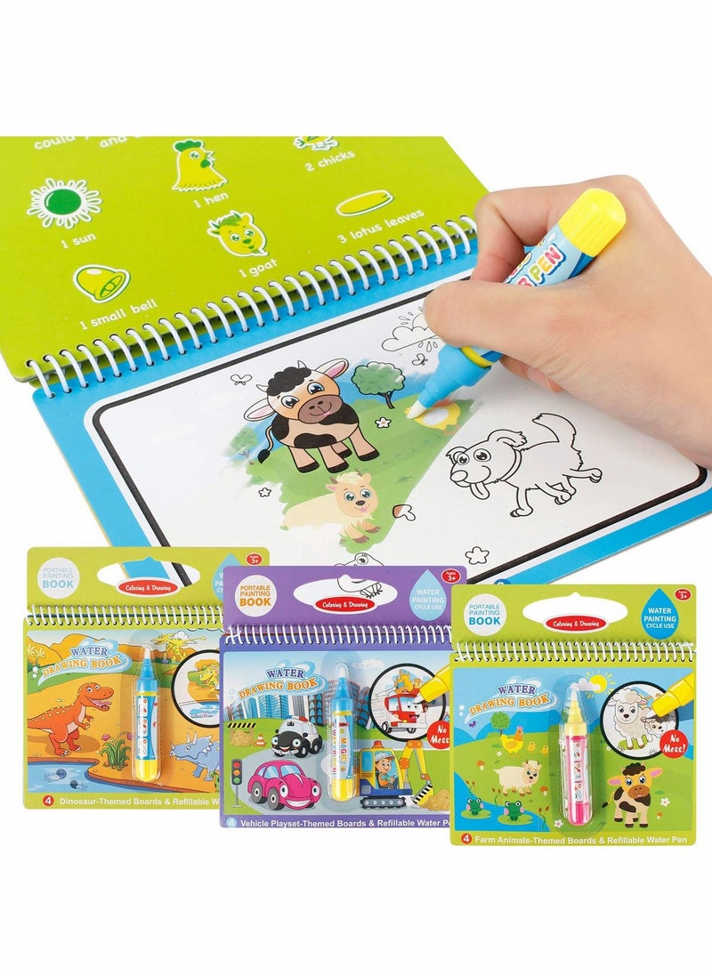 KASTWAVE Water Drawing Books Mess Free Coloring Books for Toddlers Water Doodle Painting Board with Pen Educational Toys Birthday Gift for Kids Girls Boys Dinosaur Cartoon Vehicle  - Image 1