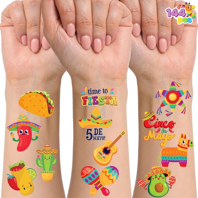 JOYIN JOYIN 144 PCS Cinco De Mayo Temporary Tattoo Set for Mexican Themed Party, Fiesta Party Fake Tattoos Stickers Sombrero Hats, Taco Design, Face Body Tattoo Decorations